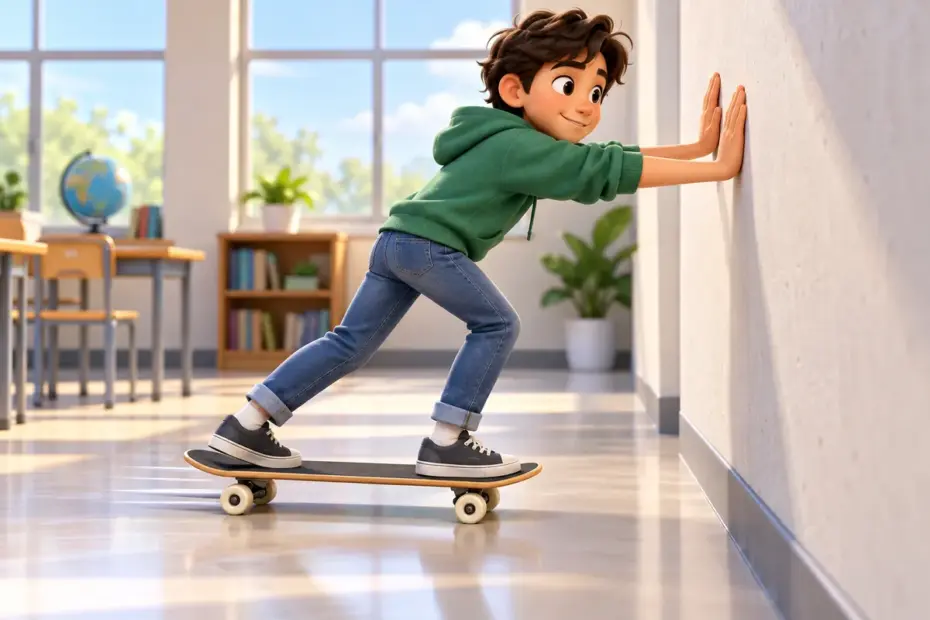 A student on a skateboard presses both hands against a sturdy wall during a physics demonstration.