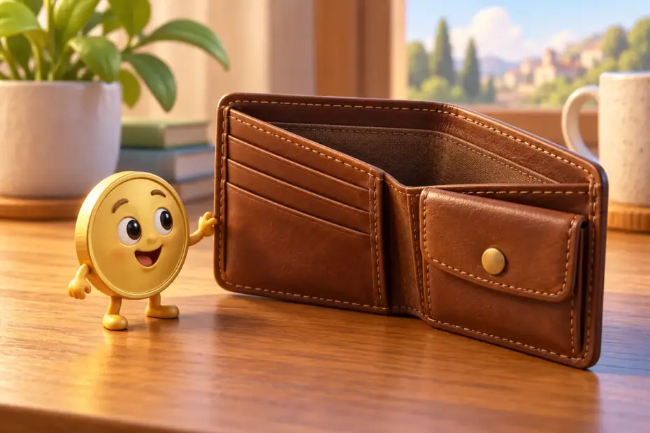 A small coin beside an open wallet.