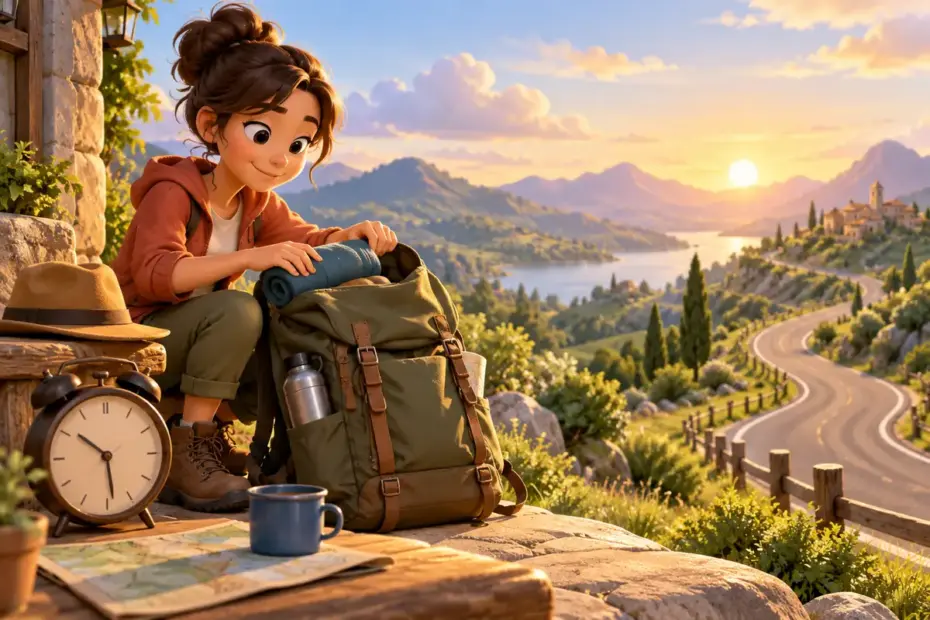 A traveler packs a bag beside a clock and a long road winding through hills.