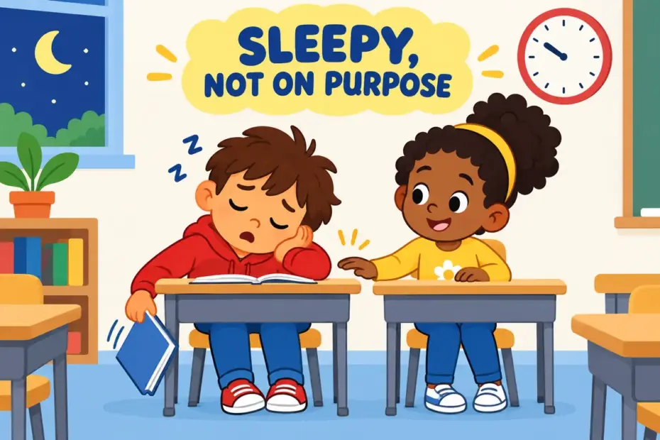 Cartoon pupil nods off at a desk with a book slipping from their hand, showing nod off in a sentence as accidental sleep.