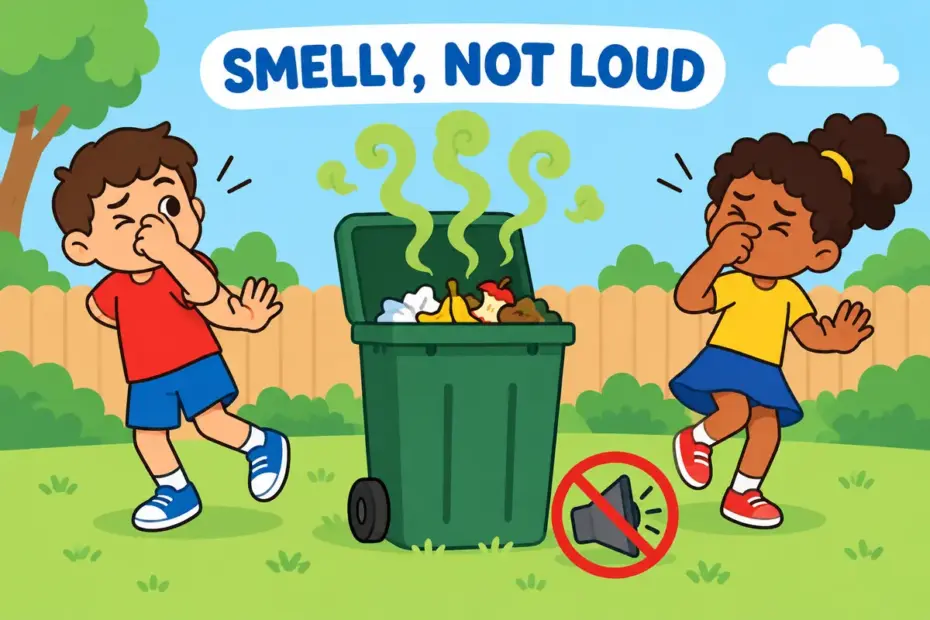 Cartoon children pinch their noses beside a smelly bin, showing noisome in a sentence as an offensive smell rather than noise.