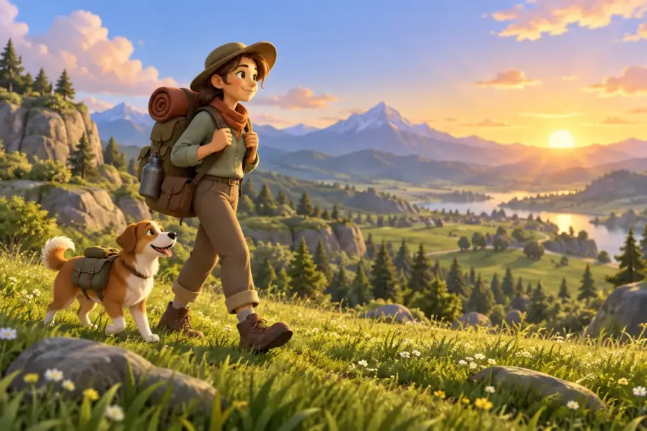 A traveler walks beside packed belongings across a broad grassy landscape at sunrise.