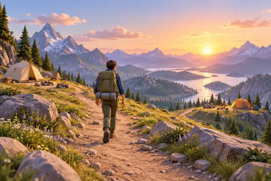 A traveler with a backpack walks between temporary camps along a broad mountain path.