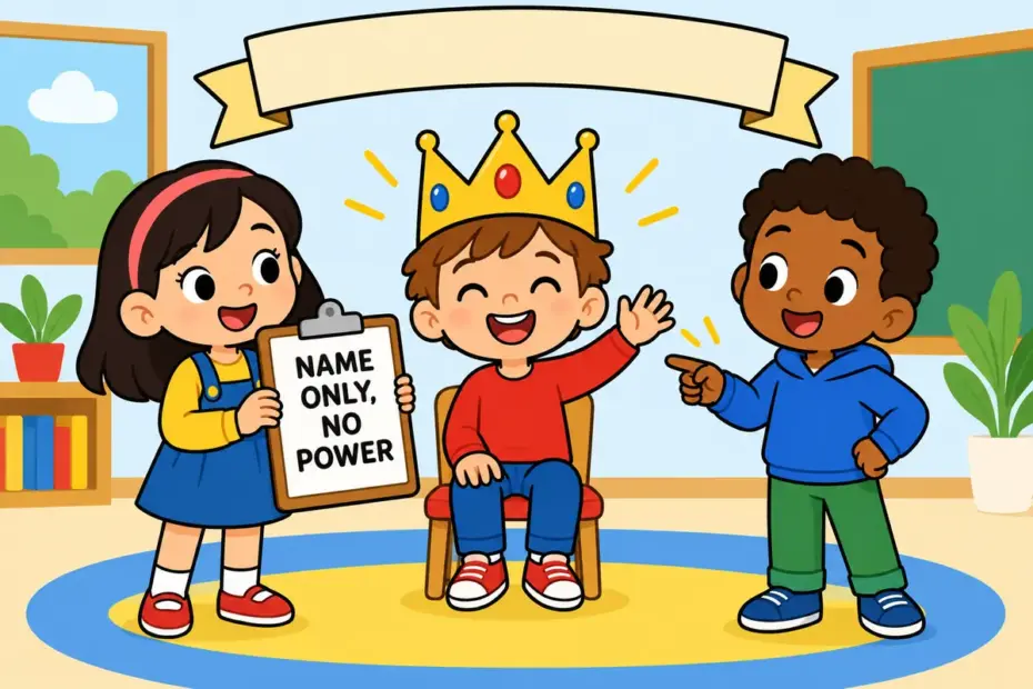 A cartoon child in a paper crown while a classmate holds the real clipboard shows nominal in a sentence as a title without power.