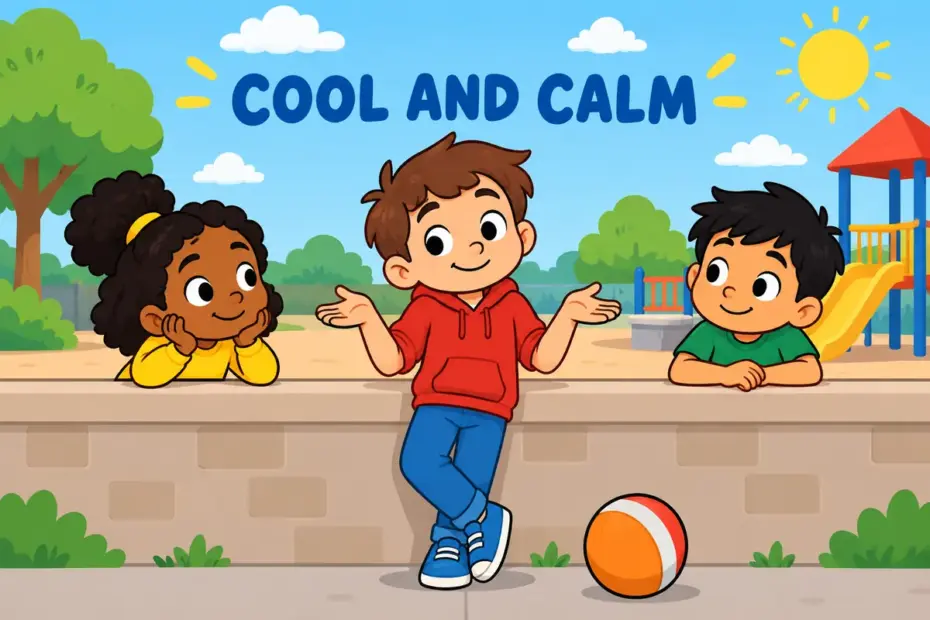 Cartoon children watch a relaxed classmate shrug with a small smile, illustrating nonchalant in a sentence as easy composure.