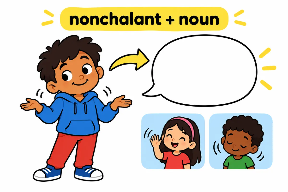 A cartoon child shrugs casually beside a large speech bubble, showing nonchalant placed before a noun or after a linking verb.