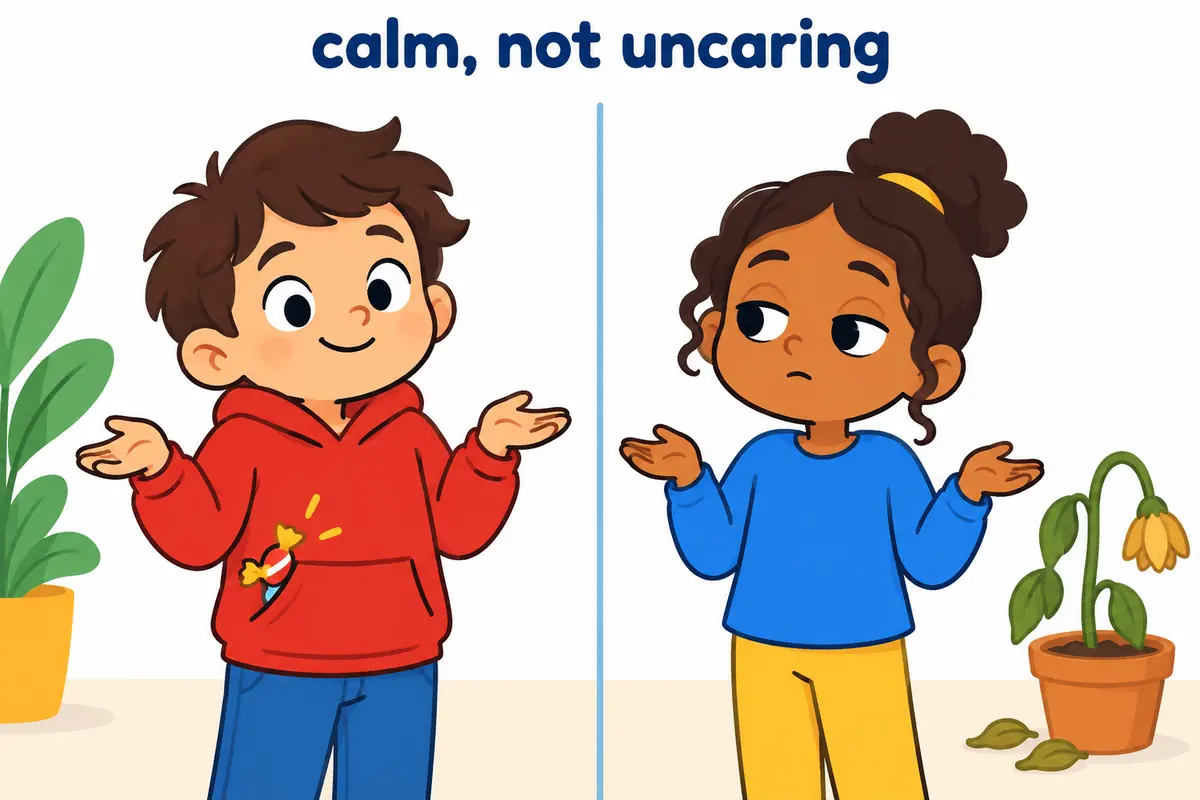 A split cartoon contrasts a calm child hiding a smile beside a child who shrugs with empty, blank eyes.