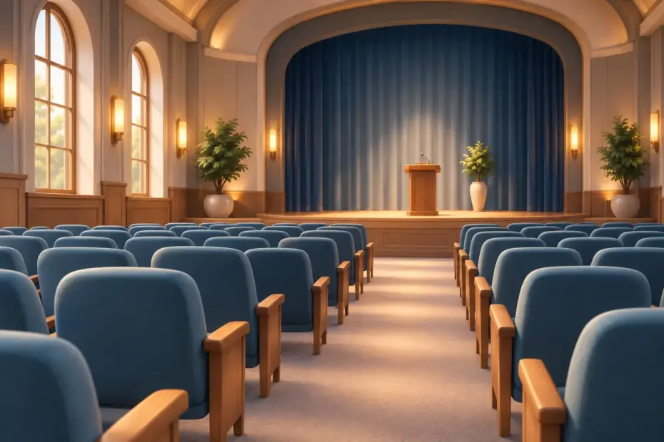 Rows of empty chairs stand in a quiet hall.