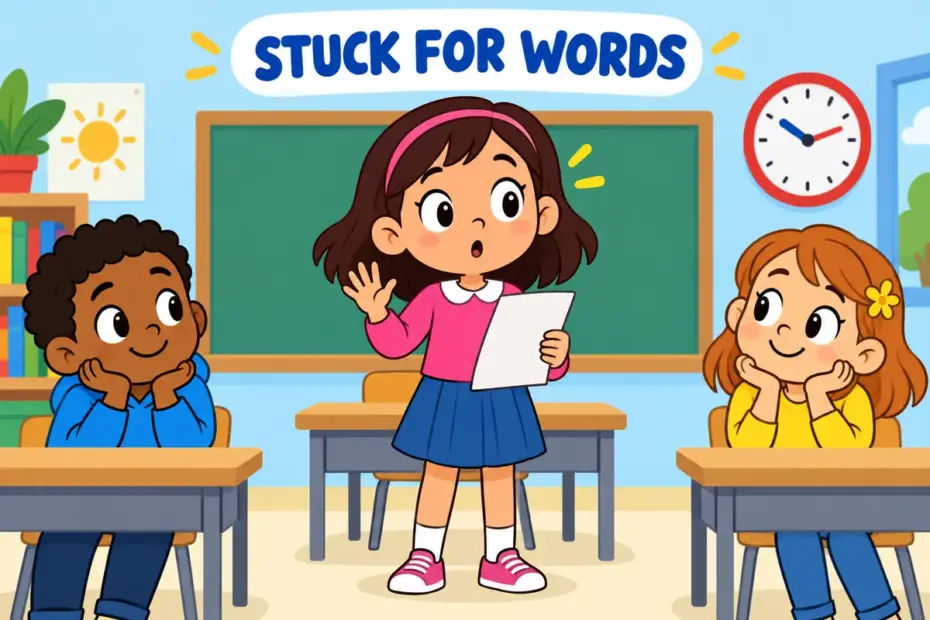 A cartoon pupil freezes with wide eyes before a surprise quiz, showing nonplussed in a sentence as confusion.