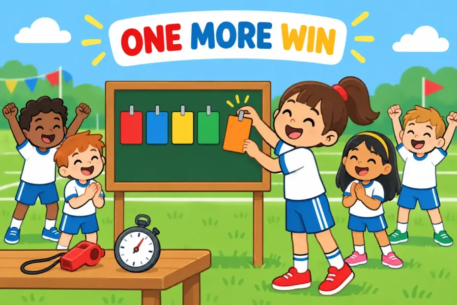 Cartoon children notch up a win by adding a single bright tally mark to a scoreboard.