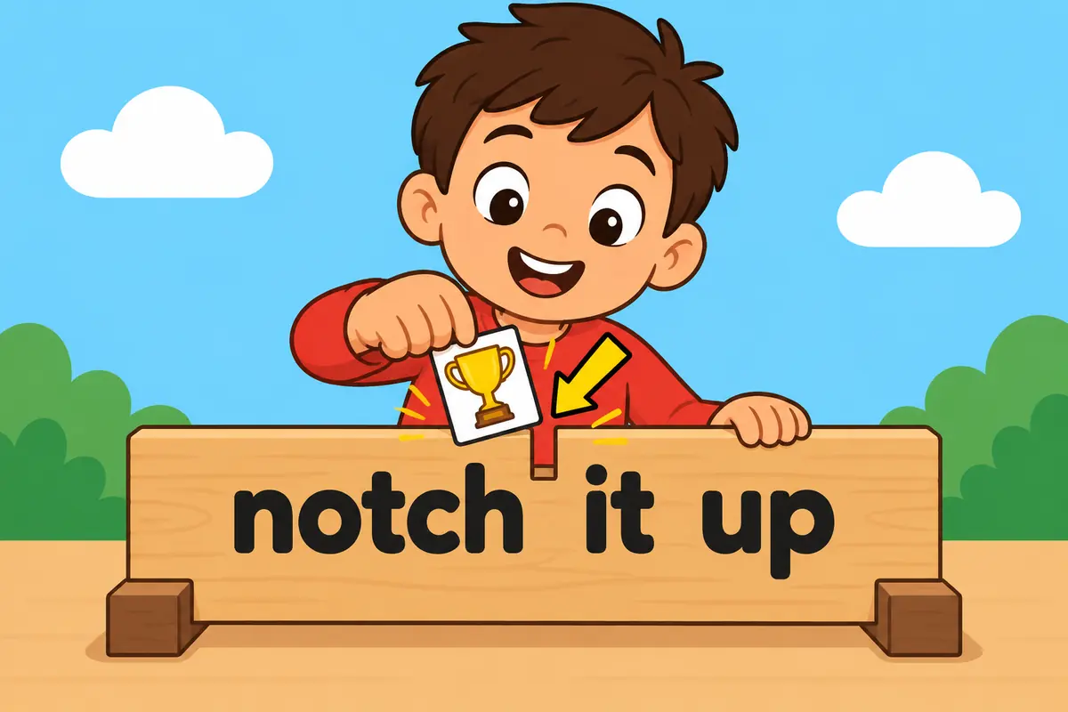 A cartoon card of a trophy slots between the words notch and up on a wooden board.