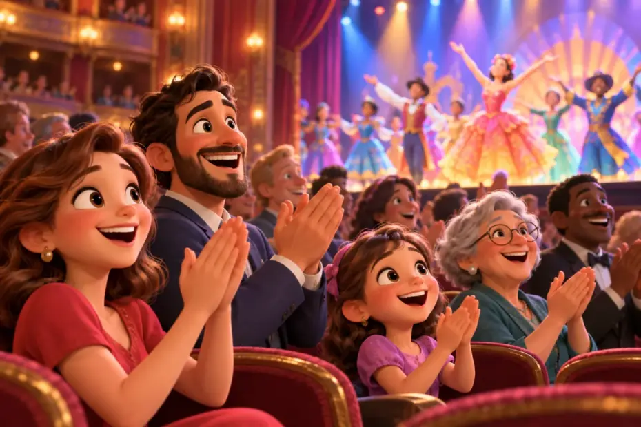 A theater audience applauds a colorful performance with delight.