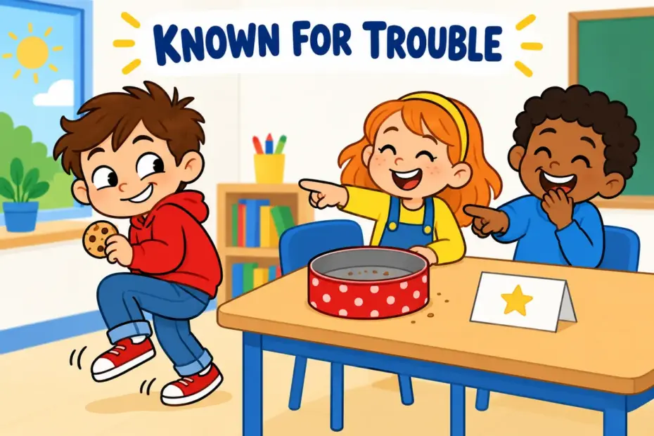 Cartoon child sneaks the last biscuit while classmates point, showing notorious in a sentence as fame for a bad habit.