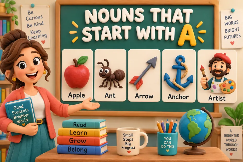 Nouns starting with A: apple, ant, arrow, anchor, and artist.