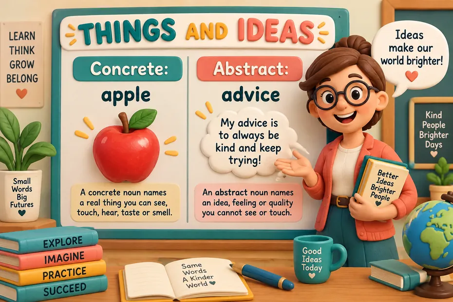 Concrete nouns name physical things such as apple; abstract nouns can name ideas such as advice.