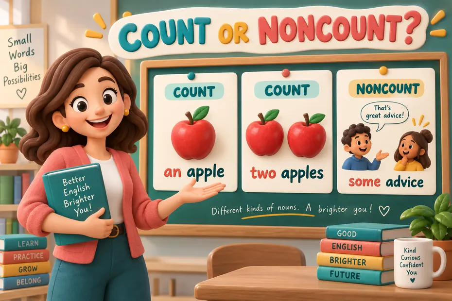 Countable: an apple and two apples. Uncountable: some advice.