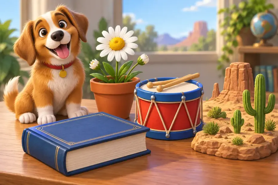 A playful arrangement of a dog, daisy, drum, dictionary, and small desert landscape represents noun categories.