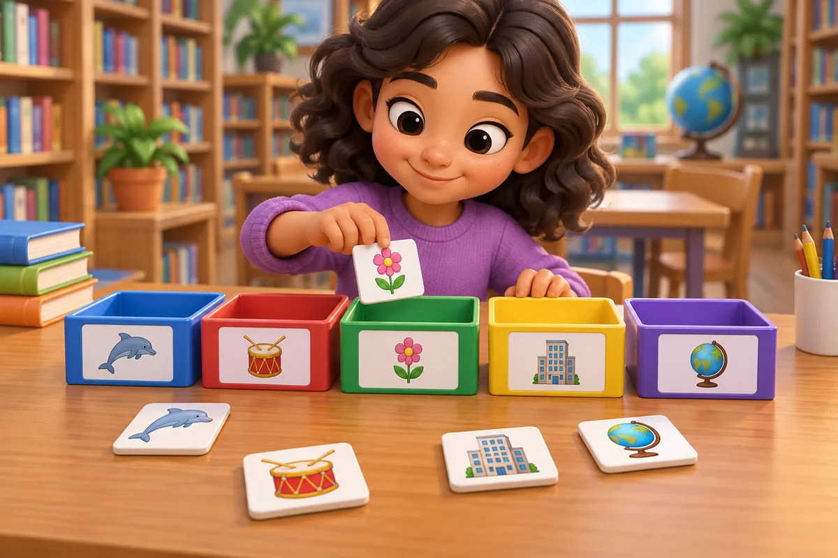 A small library table holds a globe, a miniature dolphin, a drum, and a flower while a student sorts picture cards into groups.