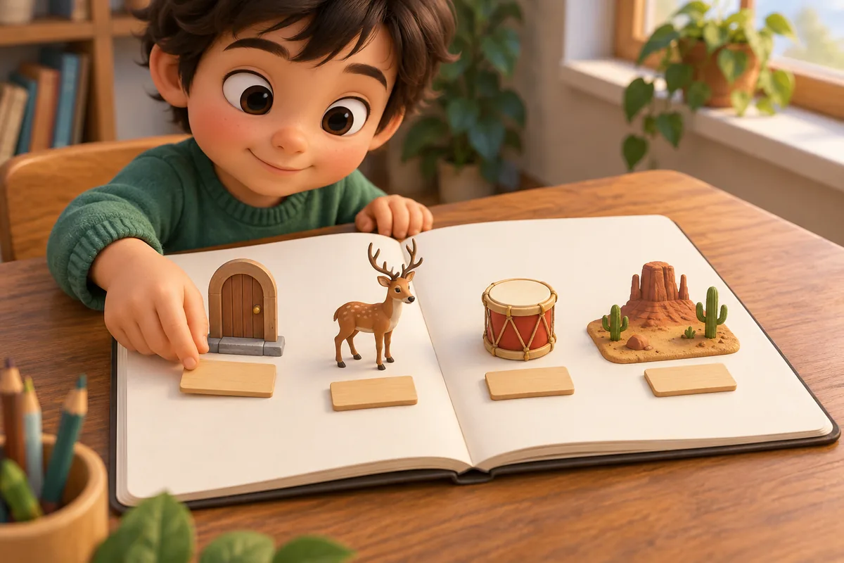 A child places unlettered wooden picture tiles showing a door, deer, drum, and desert into a tidy vocabulary notebook.