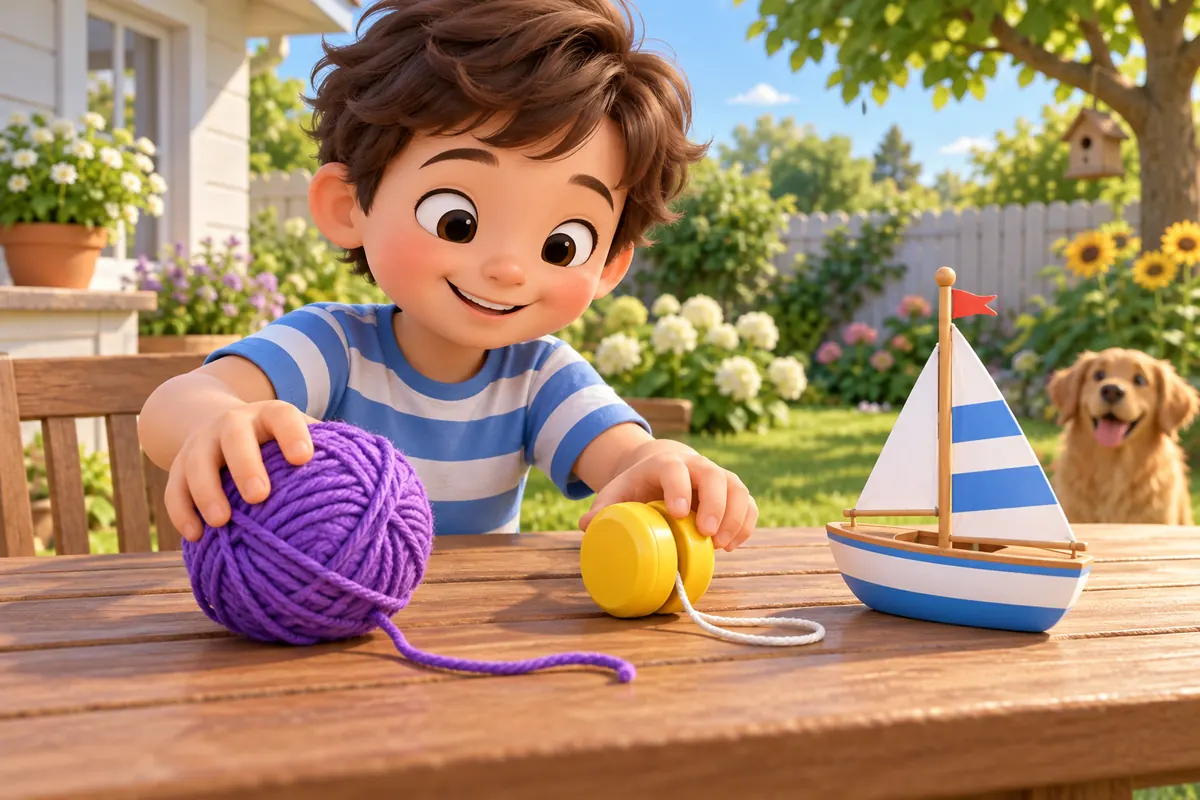 A child gathers yarn, a yellow yo-yo, and a small yacht toy on a sunny backyard table.