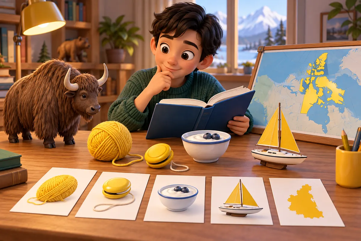 A child reads beside a yak and picture cards showing yarn, yogurt, a boat, and a map.