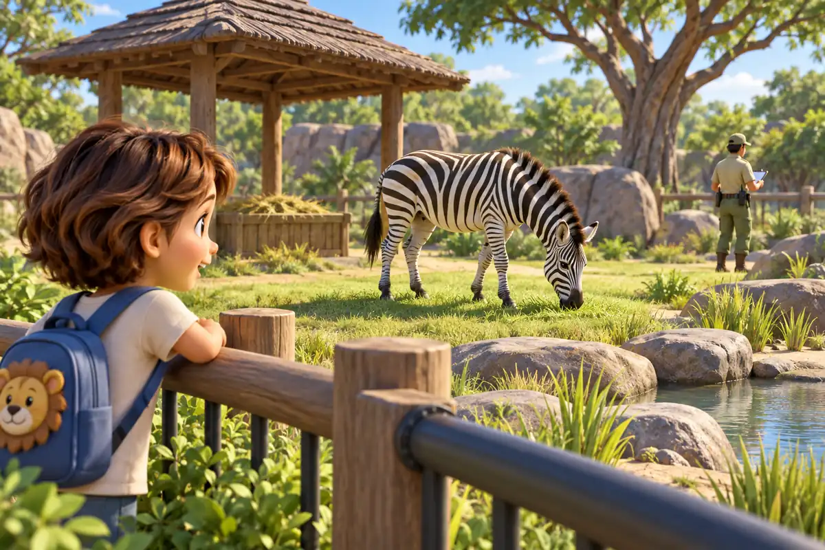 A child watches a zebra at a zoo while a zookeeper checks the habitat.