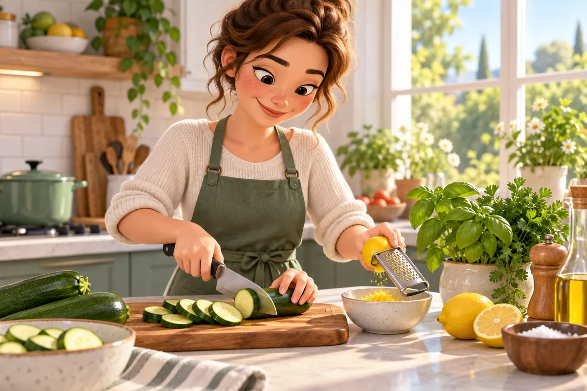 A cook prepares zucchini and citrus zest on a kitchen counter.