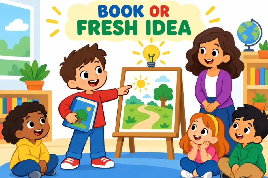 Cartoon pupils hold a storybook and point to a bright sketch, illustrating novel in a sentence with two senses.