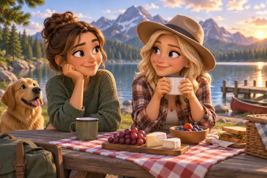 Two friends sit beside a lakeside picnic table.