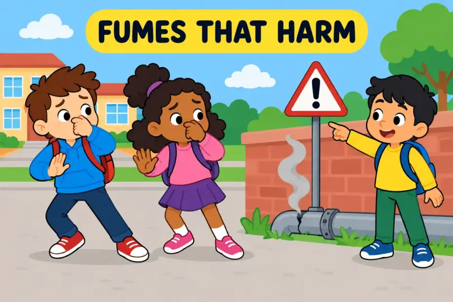 Cartoon children cover their noses as noxious fumes rise from a cracked pipe, showing what noxious means.
