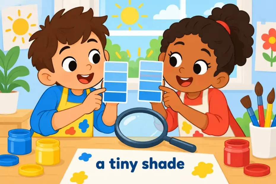 Cartoon children hold two almost identical paint swatches to the light to find a nuance in a sentence, a faint extra stripe.