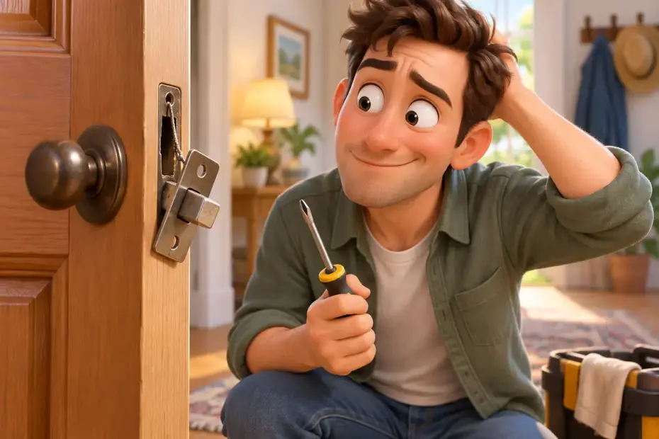 A loose door latch hangs beside a person holding a screwdriver.
