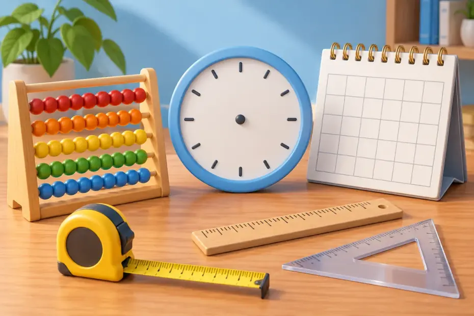 Counting beads, measuring tools, and a blank clock face illustrate quantity, measurement, and time.