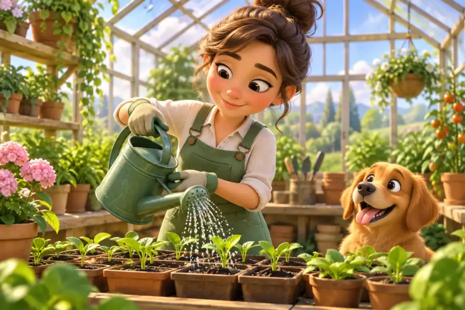 A gardener waters small seedlings in a bright greenhouse.