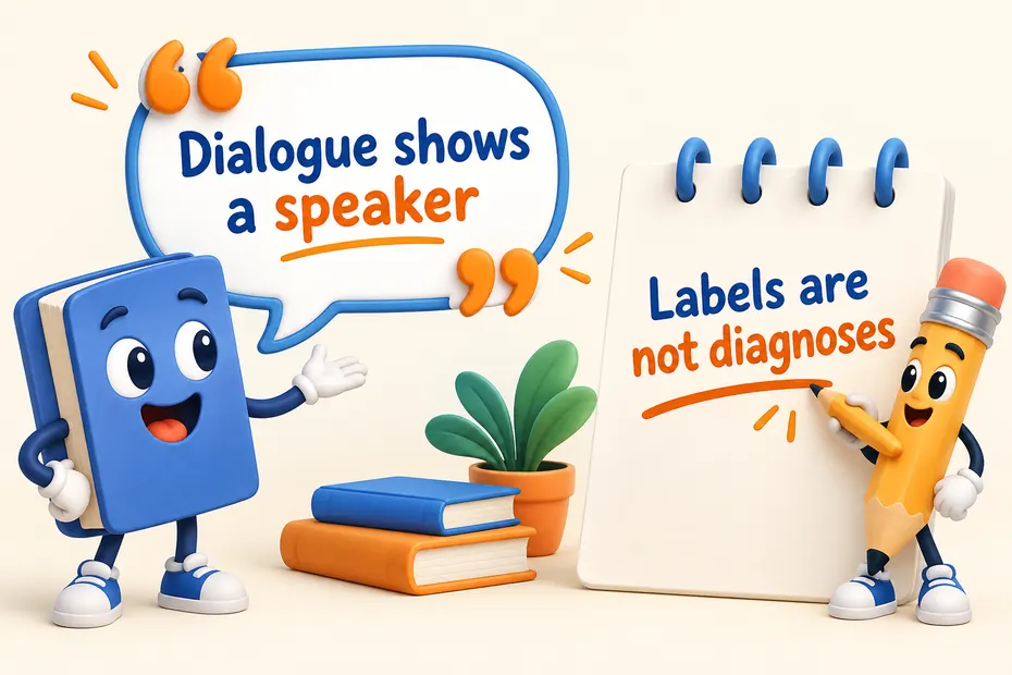 Dialogue reflects a speaker; labels are not diagnoses.