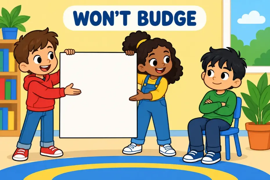 Cartoon children ask a seated friend who crosses his arms, showing obdurate in a sentence as a refusal to change.