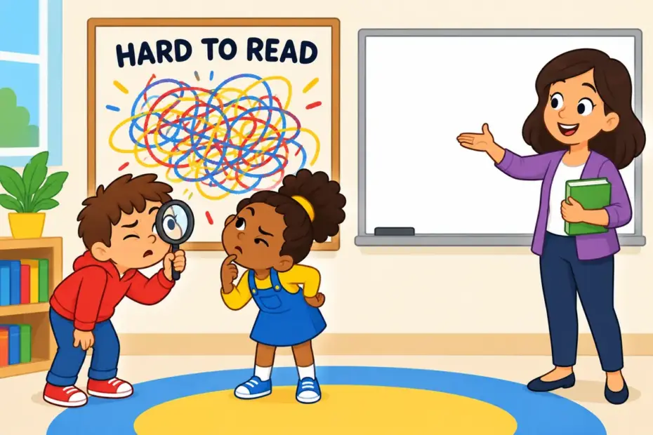 Cartoon children squint at a sign covered in scribbles, illustrating obfuscate in a sentence as making something hard to understand.