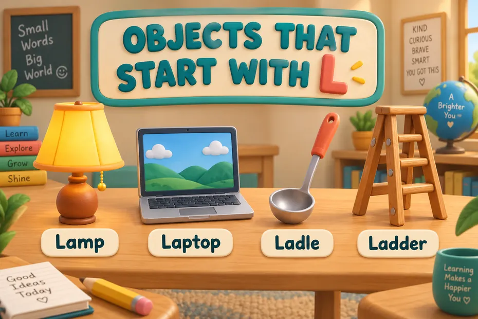 Objects beginning with L: lamp, laptop, ladle, and ladder.