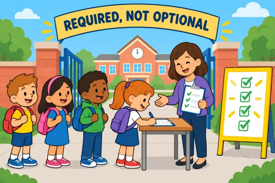 Cartoon children line up to sign a safety checklist at a school gate, showing obligatory in a sentence as something required by rule.