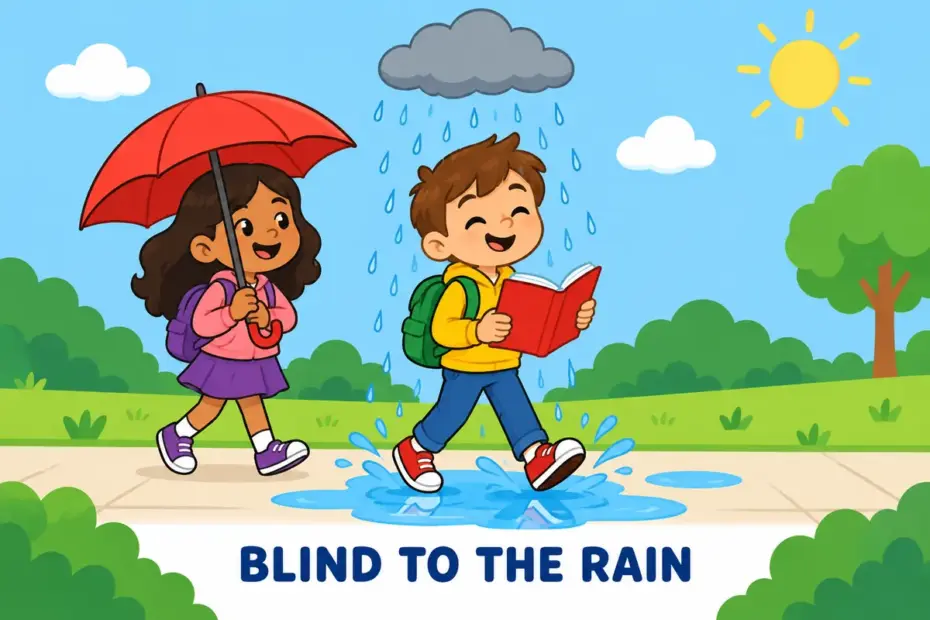 Cartoon boy reads a book in a rain shower with a puddle at his feet, showing oblivious in a sentence as not noticing your surroundings.