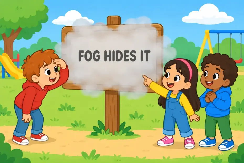 Cartoon children squint at a foggy notice board, showing obscure in a sentence as something hard to see or read.