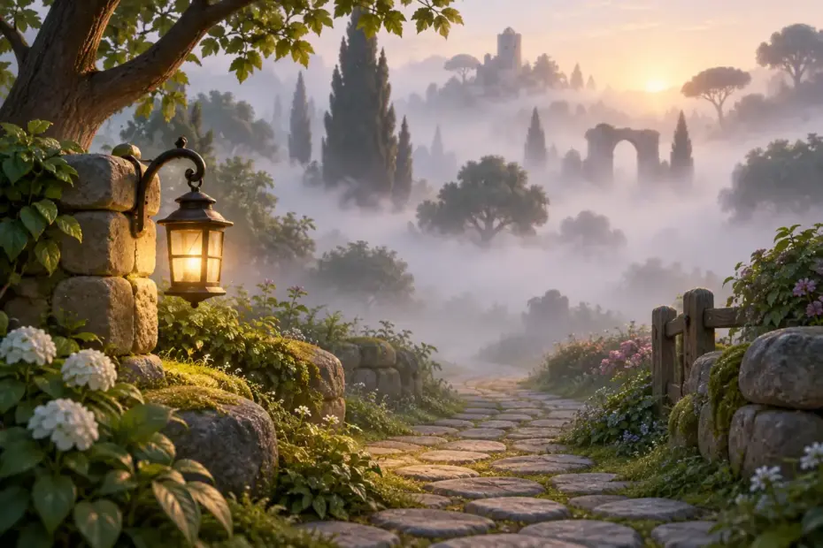 A small lantern glows on a winding path partly hidden by soft morning fog.