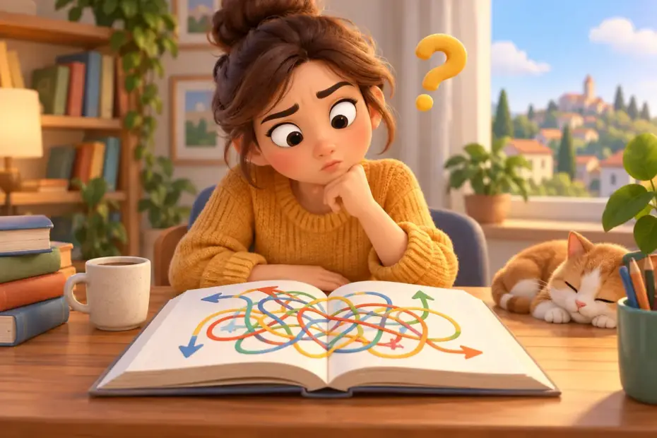 A reader puzzled by an abstract tangled diagram in an open book.