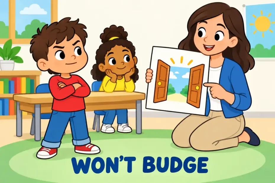 Cartoon child with folded arms beside a patient teacher, showing obstinate in a sentence as refusing to change a plan.