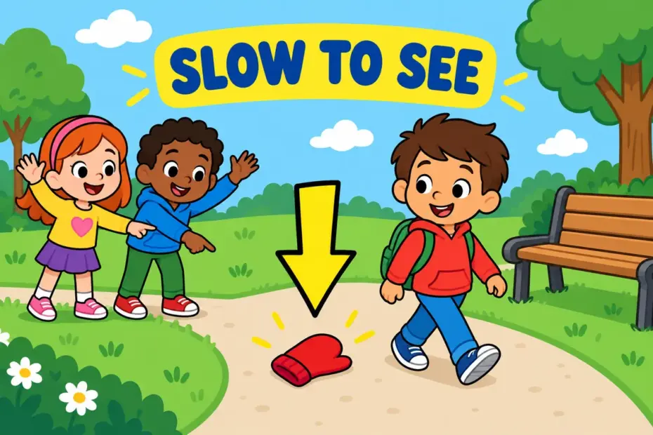 A cartoon child walks past a large arrow sign while friends point at it, showing obtuse in a sentence as missing an obvious clue.