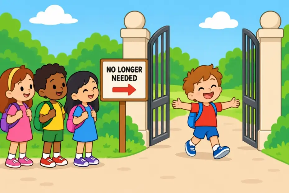 Cartoon children walk through an open gate while a long queue waits unused, showing obviate in a sentence as removing a need.
