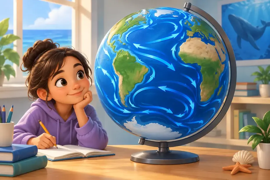 A student studies a blue ocean globe with broad curved arrows showing water circulation.