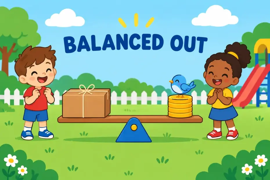 Cartoon children balance a heavy box against a stack of coins on a see-saw, showing offset in a sentence as a matching force.