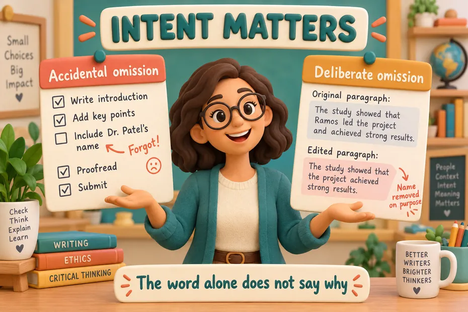 Intent matters: accidental omission and deliberate omission; the word alone does not say why.