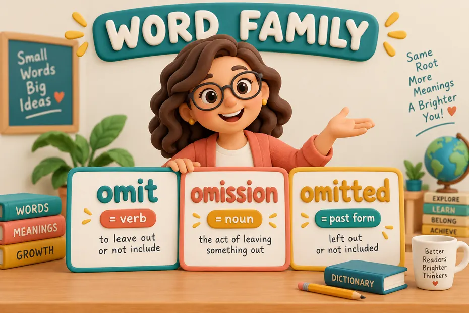 Word family: omit is a verb, omission a noun, and omitted the past form.